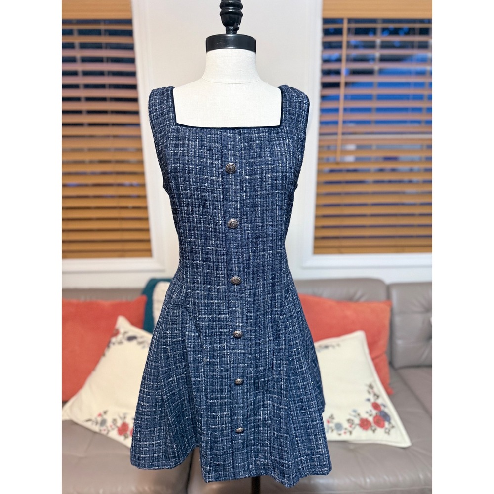 Cider Dark Navy Tweed Button Down Square Neck Mini Dress Large CD20240830541840